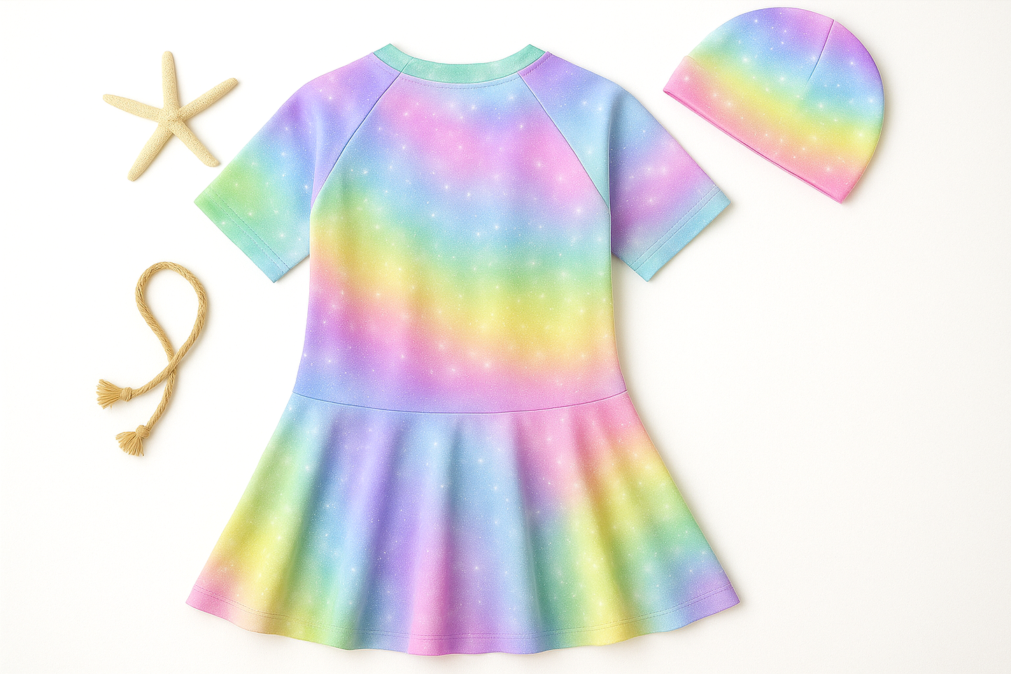 Rainbow Sparkle Unicorn Frock Swimsuit with Cap
