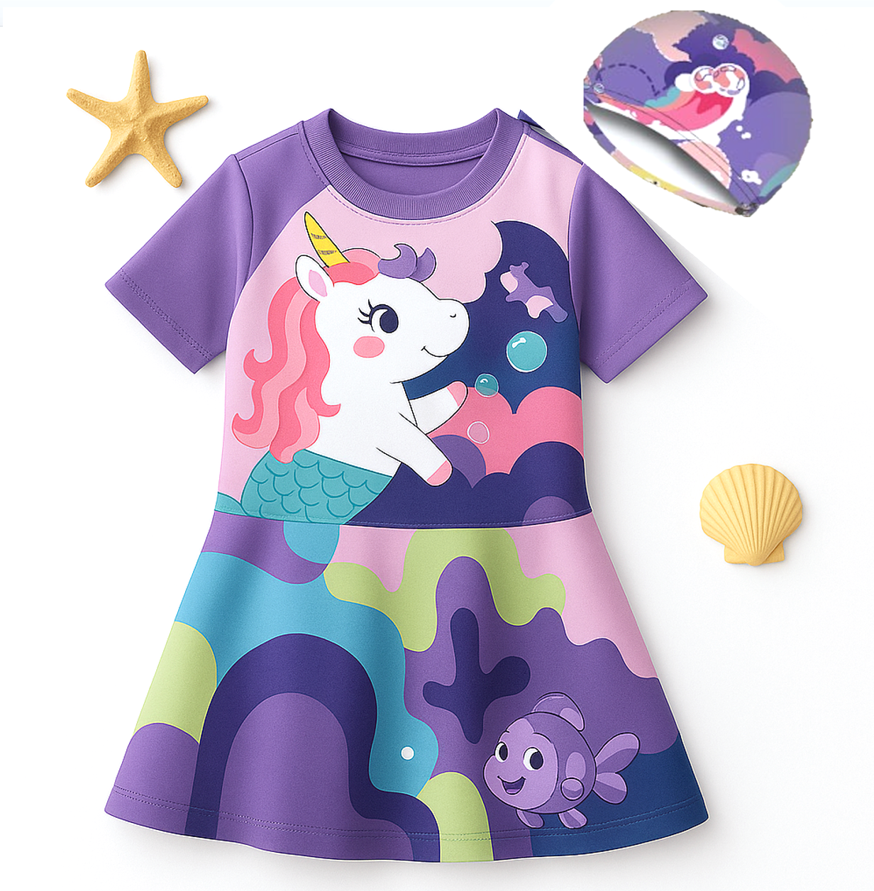 Purple Whirl Unicorn Frock Swimsuit with Cap