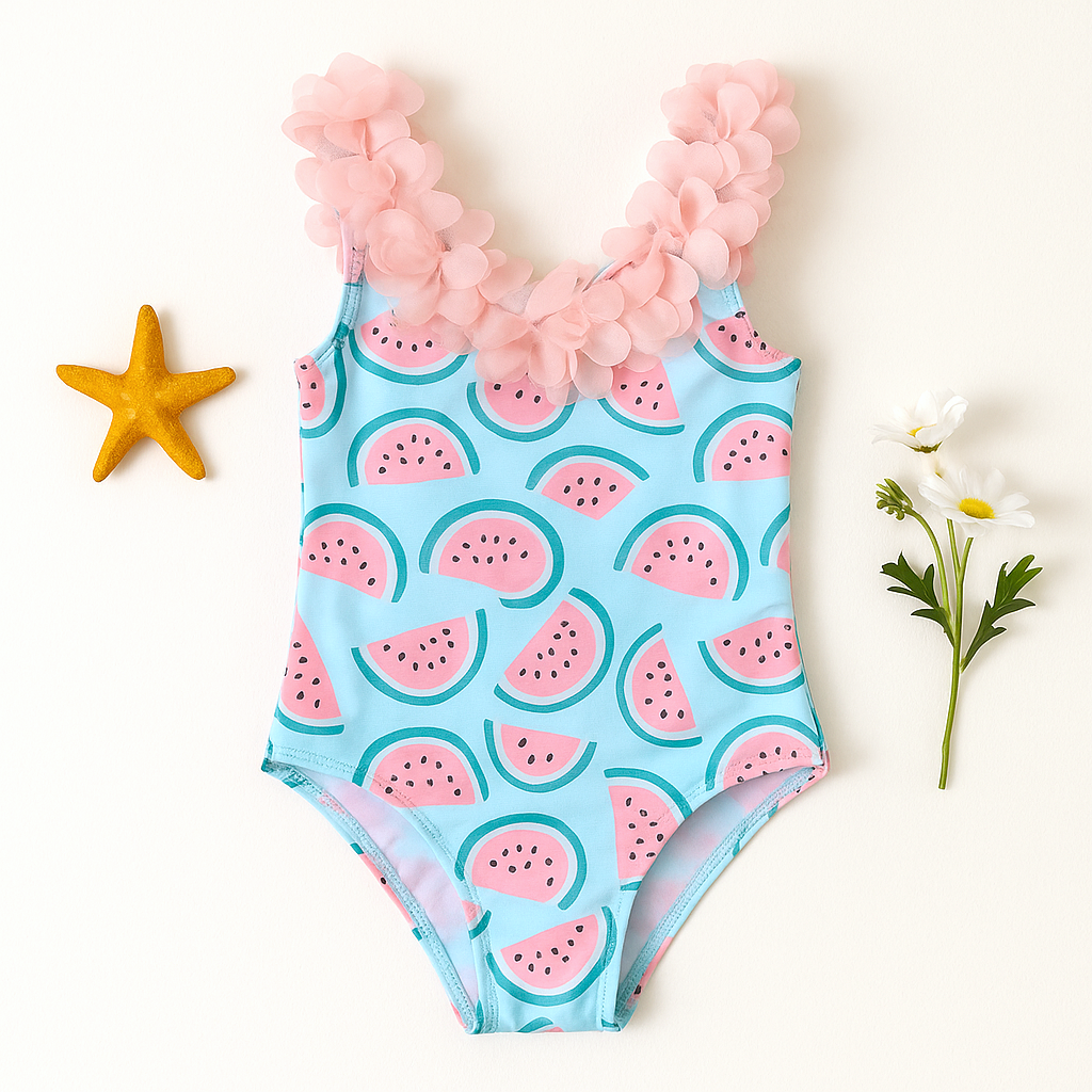 Bubble Berry Girls' Watermelon Print One-Piece Swimsuit, Pink Floral Straps, Light Blue