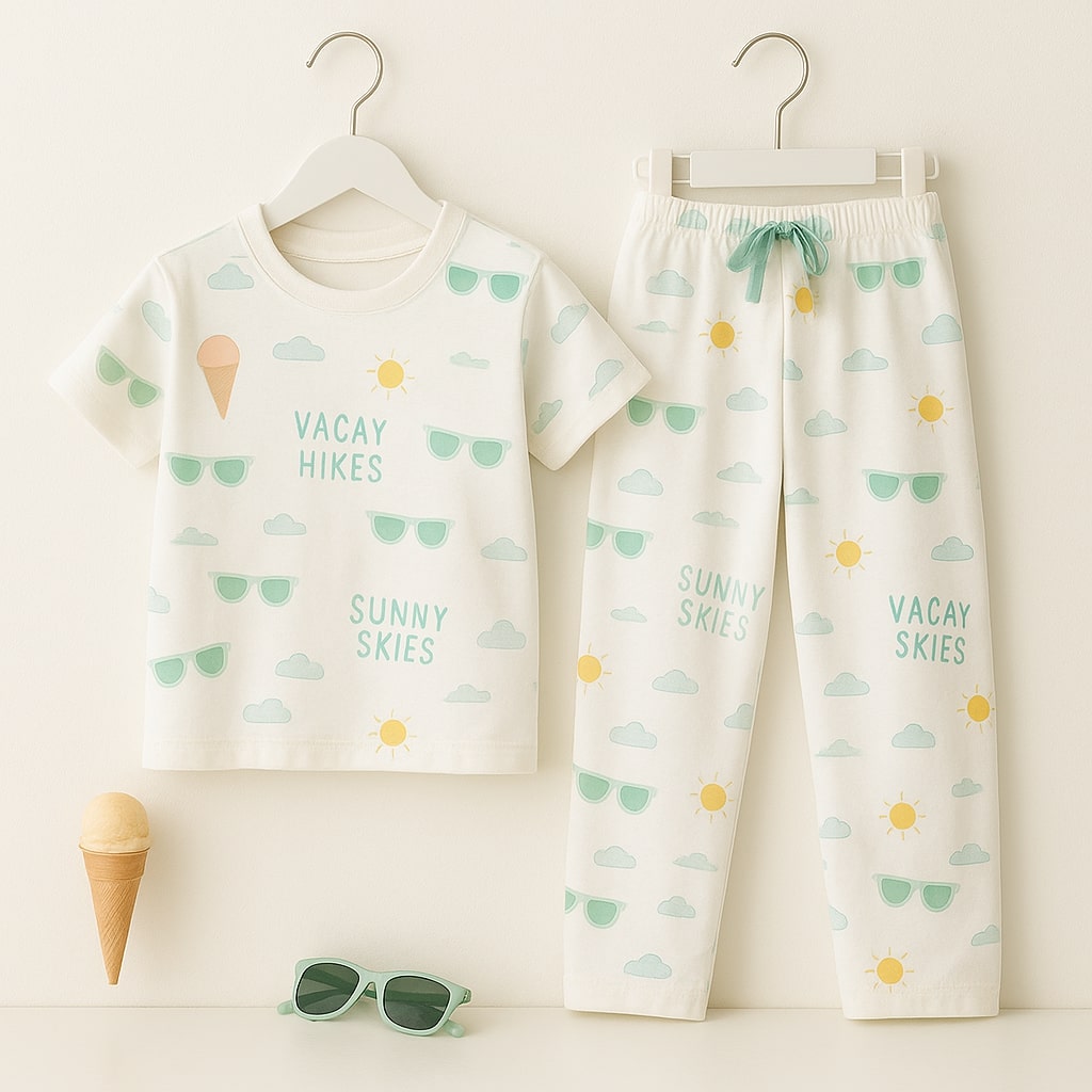 Bubble Berry Girls Cotton Night Suit- Summer Pyjama Set, White Vacation Print, Short Sleeve T-Shirt and Pants
