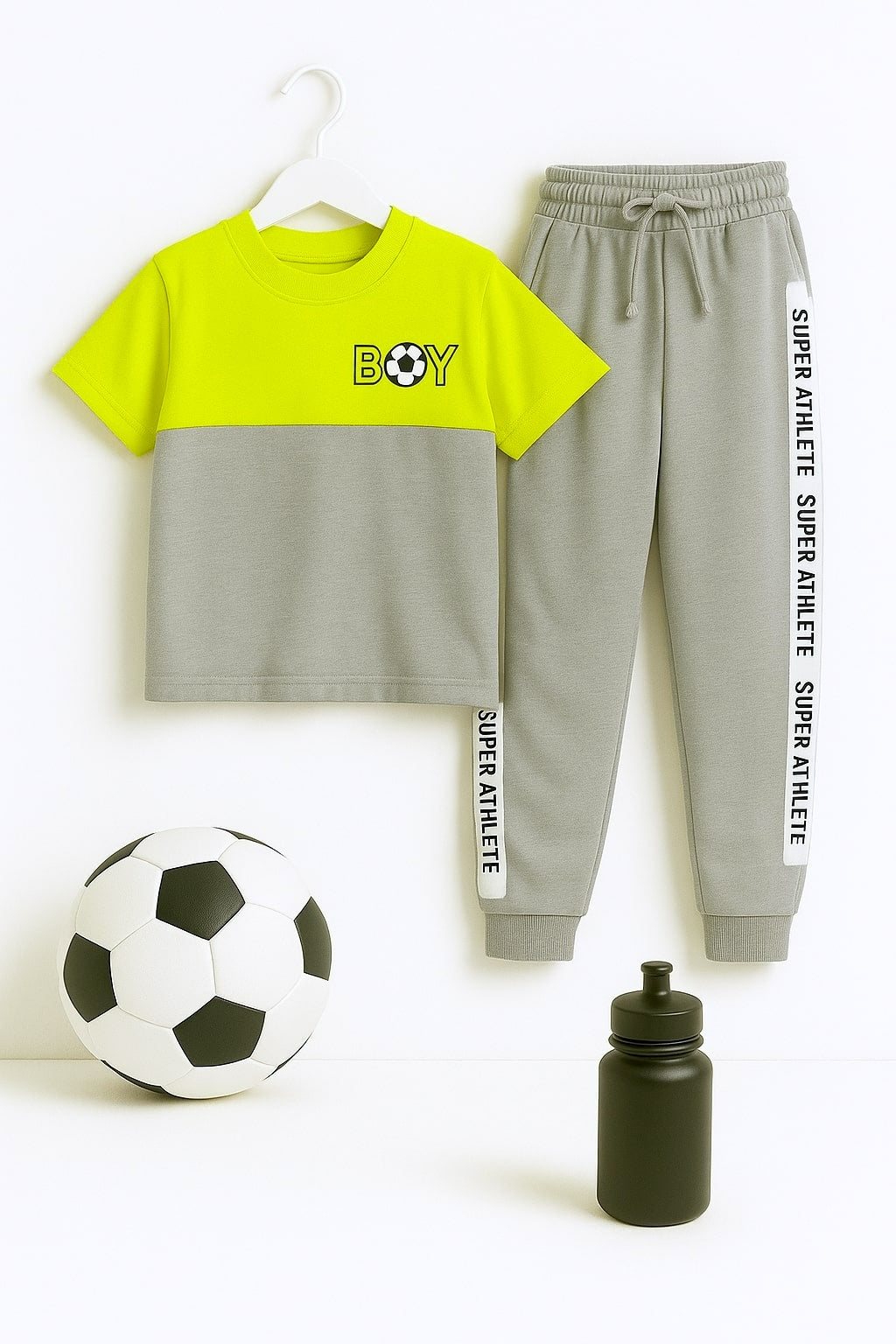 Children's sports outfit with t-shirt and jogger pants, soccer ball, and water bottle on a white background