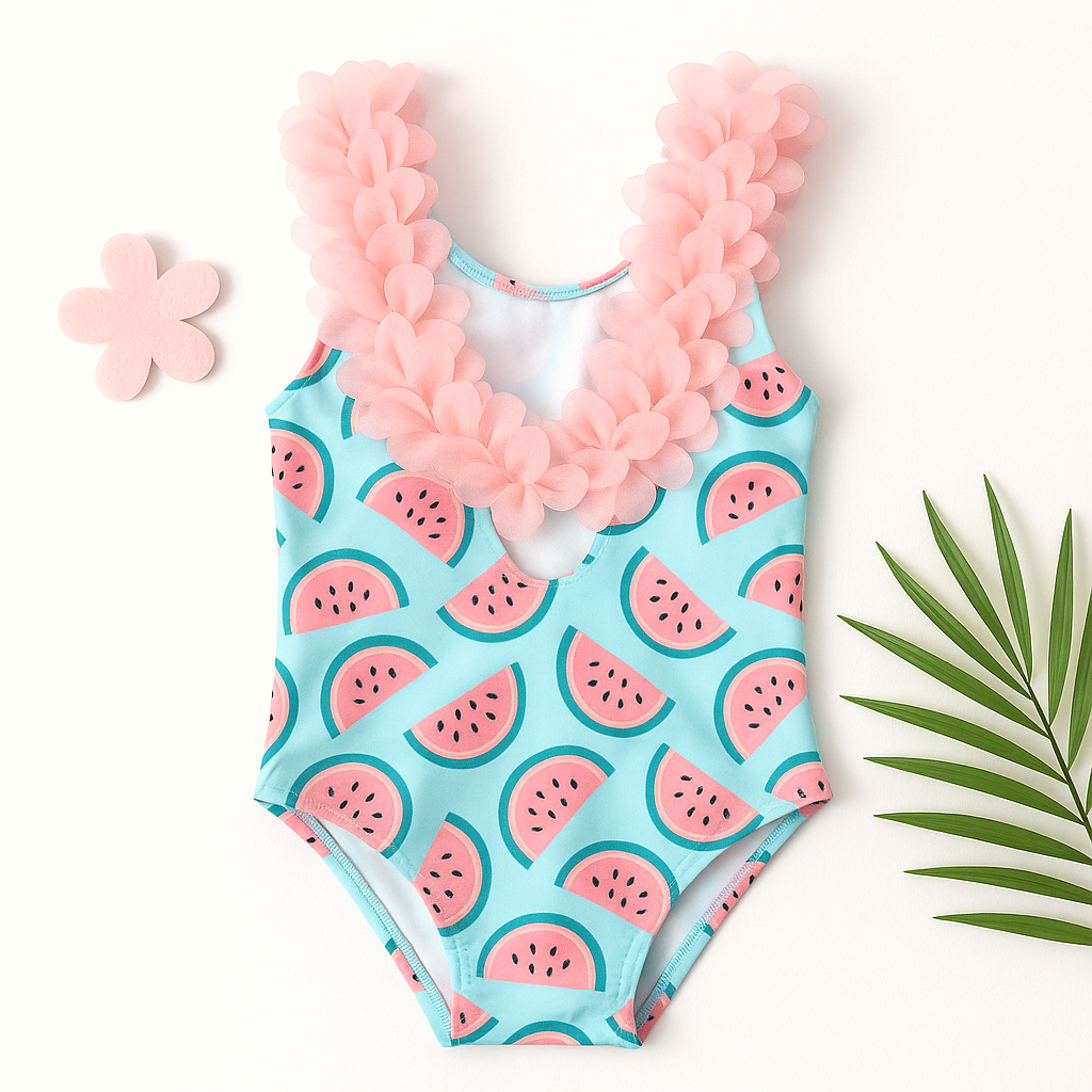 Bubble Berry Girls' Watermelon Print One-Piece Swimsuit, Pink Floral Straps, Light Blue