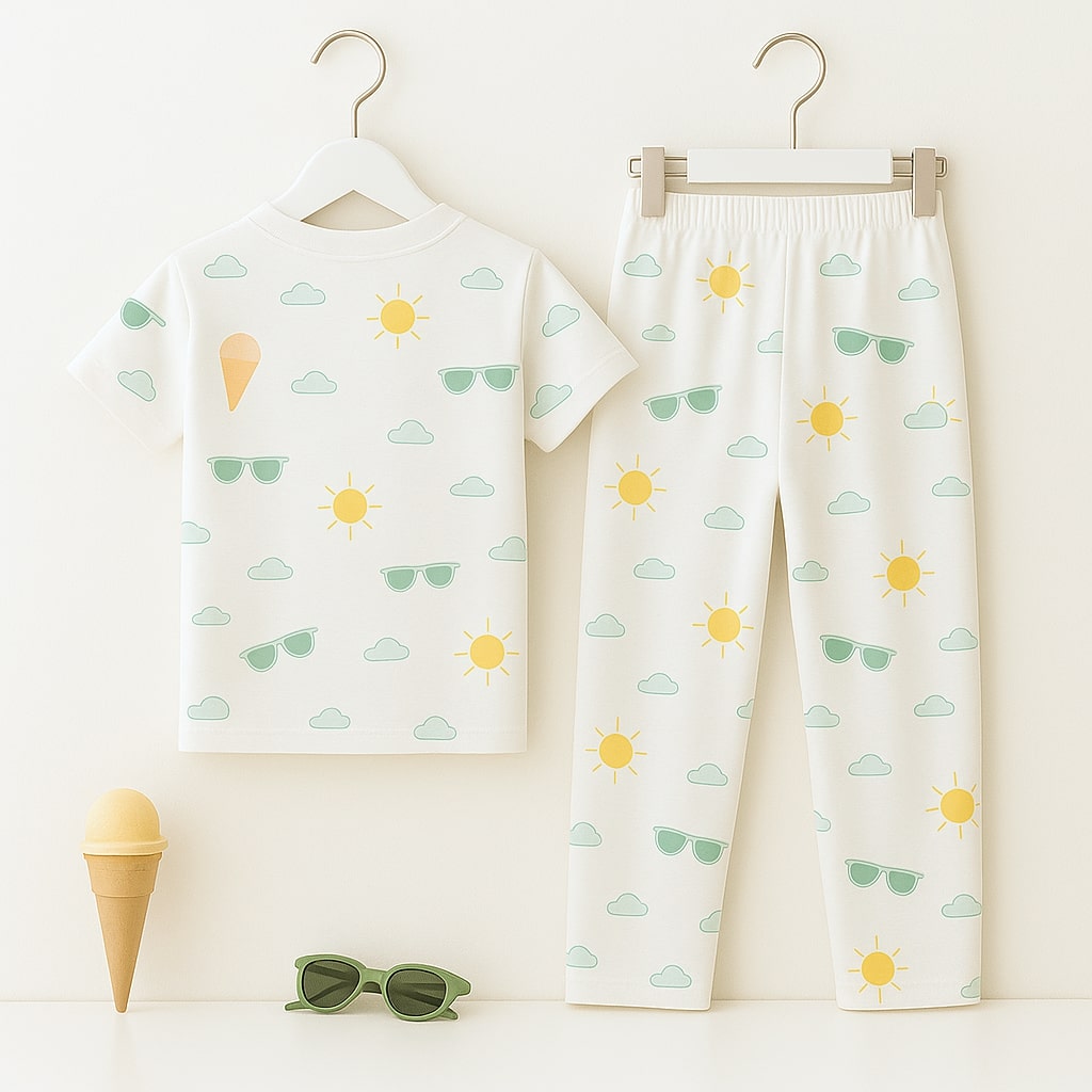 Bubble Berry Girls Cotton Night Suit- Summer Pyjama Set, White Vacation Print, Short Sleeve T-Shirt and Pants
