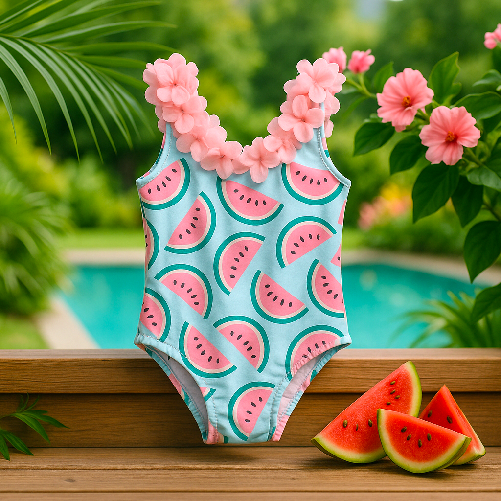 Bubble Berry Girls' Watermelon Print One-Piece Swimsuit, Pink Floral Straps, Light Blue