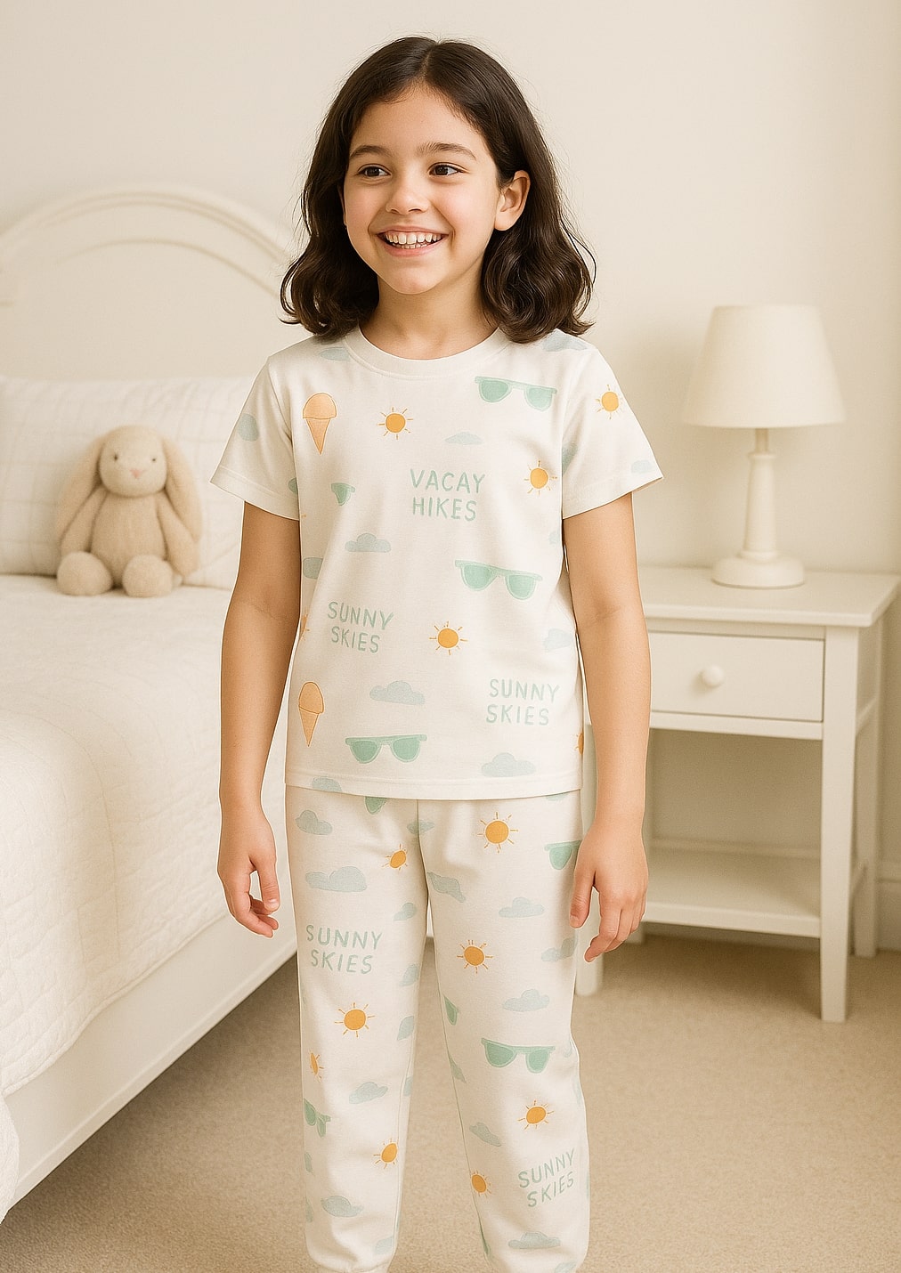 Bubble Berry Girls Cotton Night Suit- Summer Pyjama Set, White Vacation Print, Short Sleeve T-Shirt and Pants