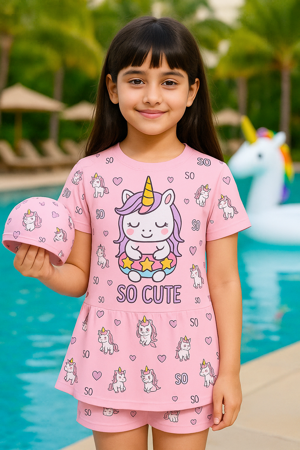 Unicorn Bloom Frock Swimsuit with Cap