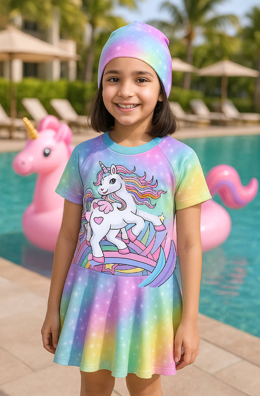 Rainbow Sparkle Unicorn Frock Swimsuit with Cap