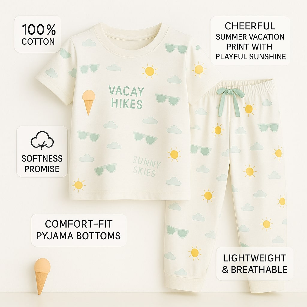 Bubble Berry Girls Cotton Night Suit- Summer Pyjama Set, White Vacation Print, Short Sleeve T-Shirt and Pants