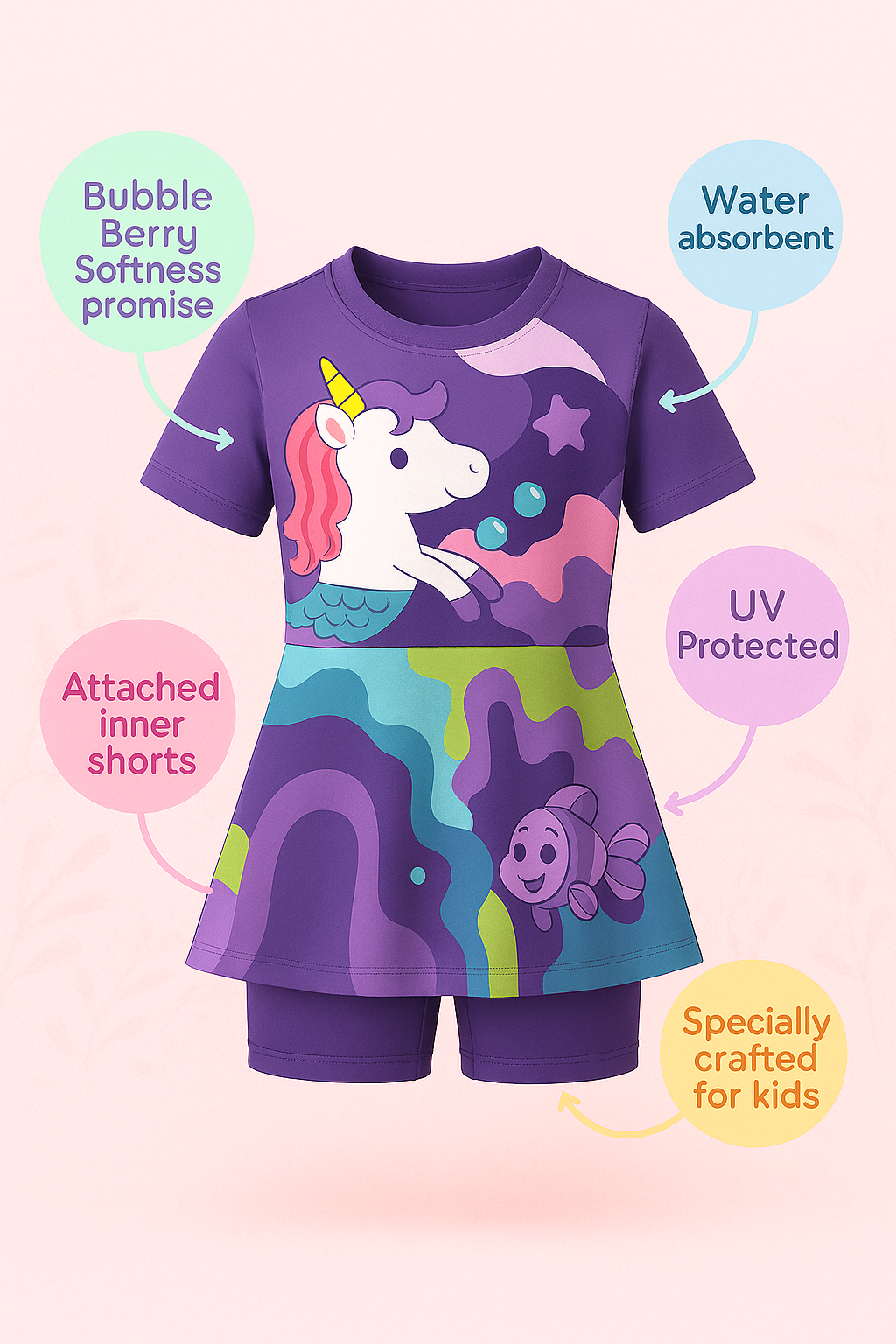 Purple Whirl Unicorn Frock Swimsuit with Cap