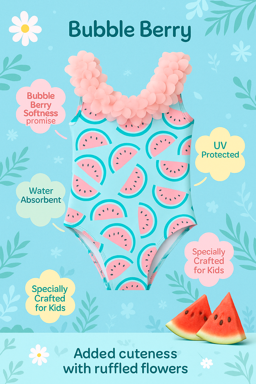 Bubble Berry Girls' Watermelon Print One-Piece Swimsuit, Pink Floral Straps, Light Blue