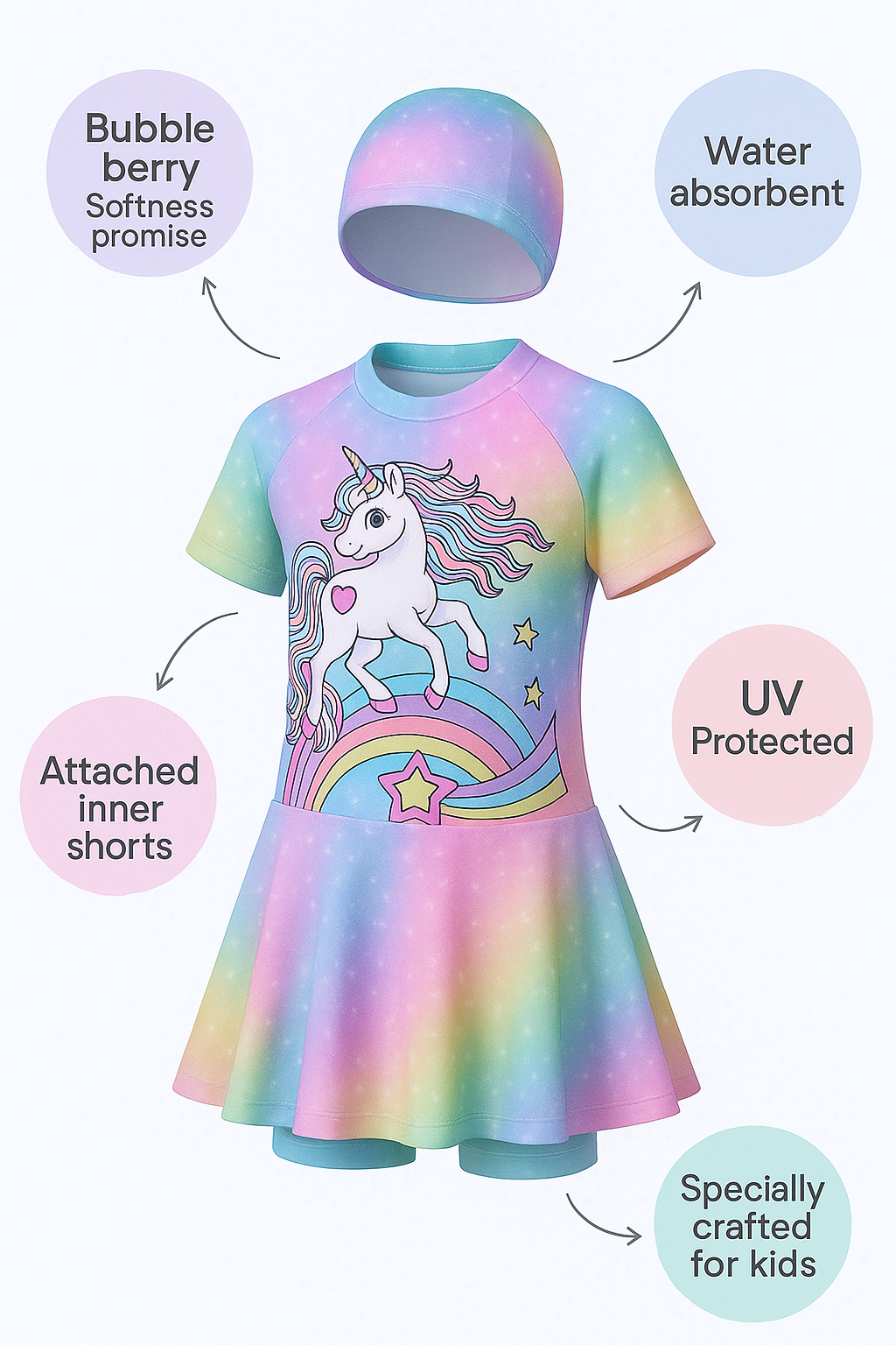 Rainbow Sparkle Unicorn Frock Swimsuit with Cap
