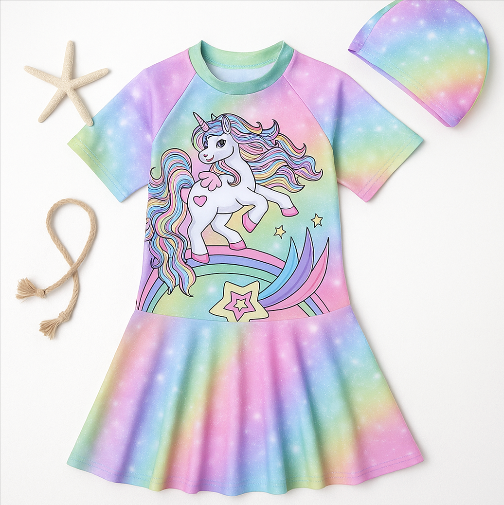 Rainbow Sparkle Unicorn Frock Swimsuit with Cap