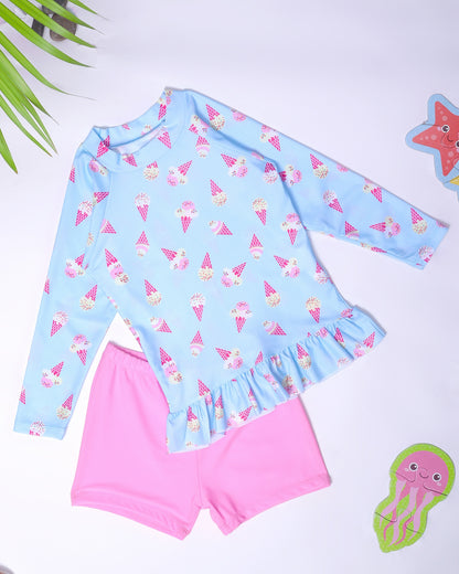 Ice Cream Shorts Swim Set- Blue and Pink