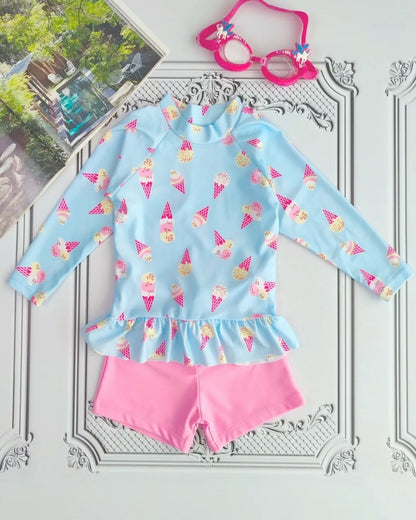 Ice Cream Shorts Swim Set- Blue and Pink