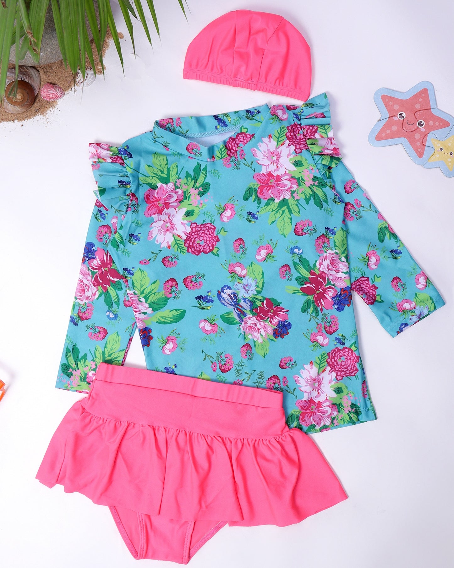 Flowery Skirt Swim Set- Blue and Pink