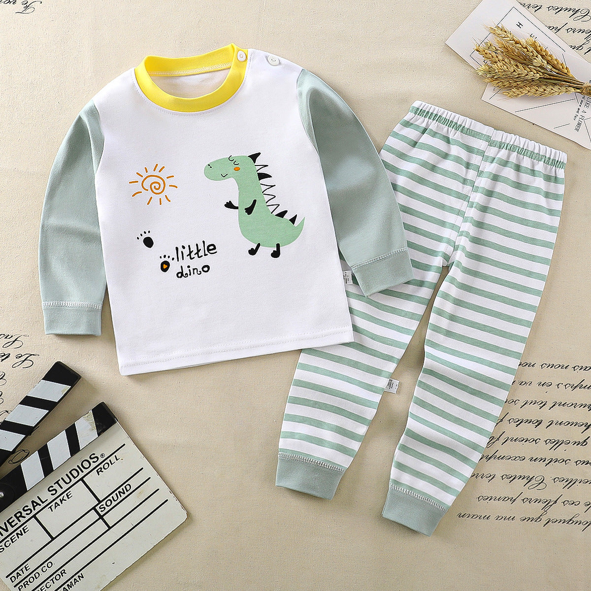 White and Green Dino Sleep Set- Cotton