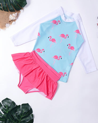 Flamingo Skirt Swim Set- Blue and Pink