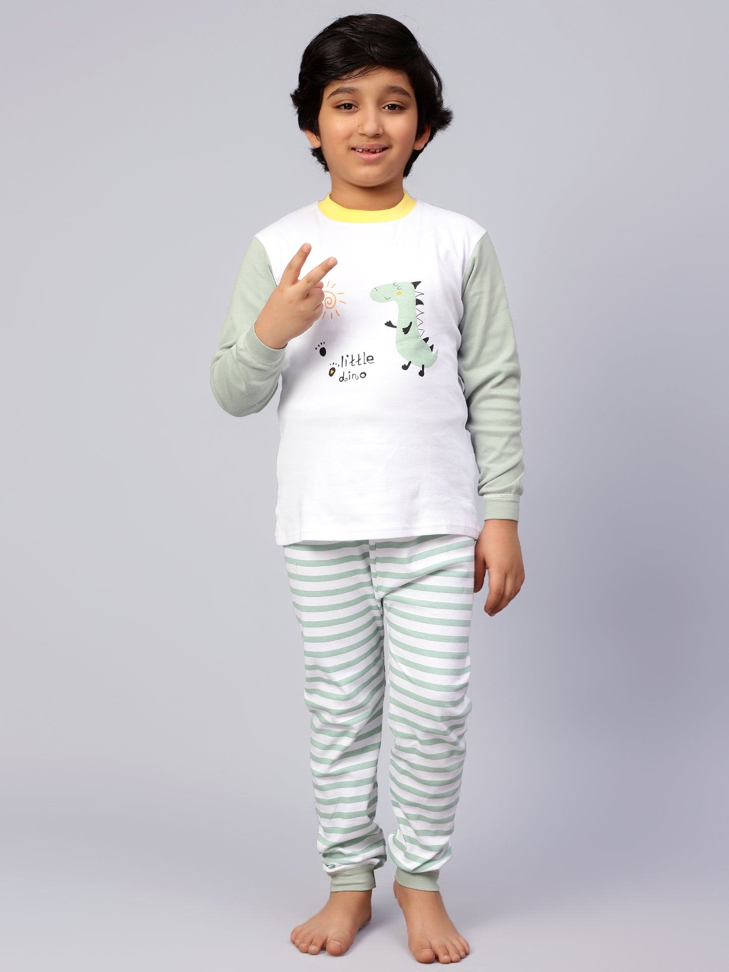 White and Green Dino Sleep Set- Cotton